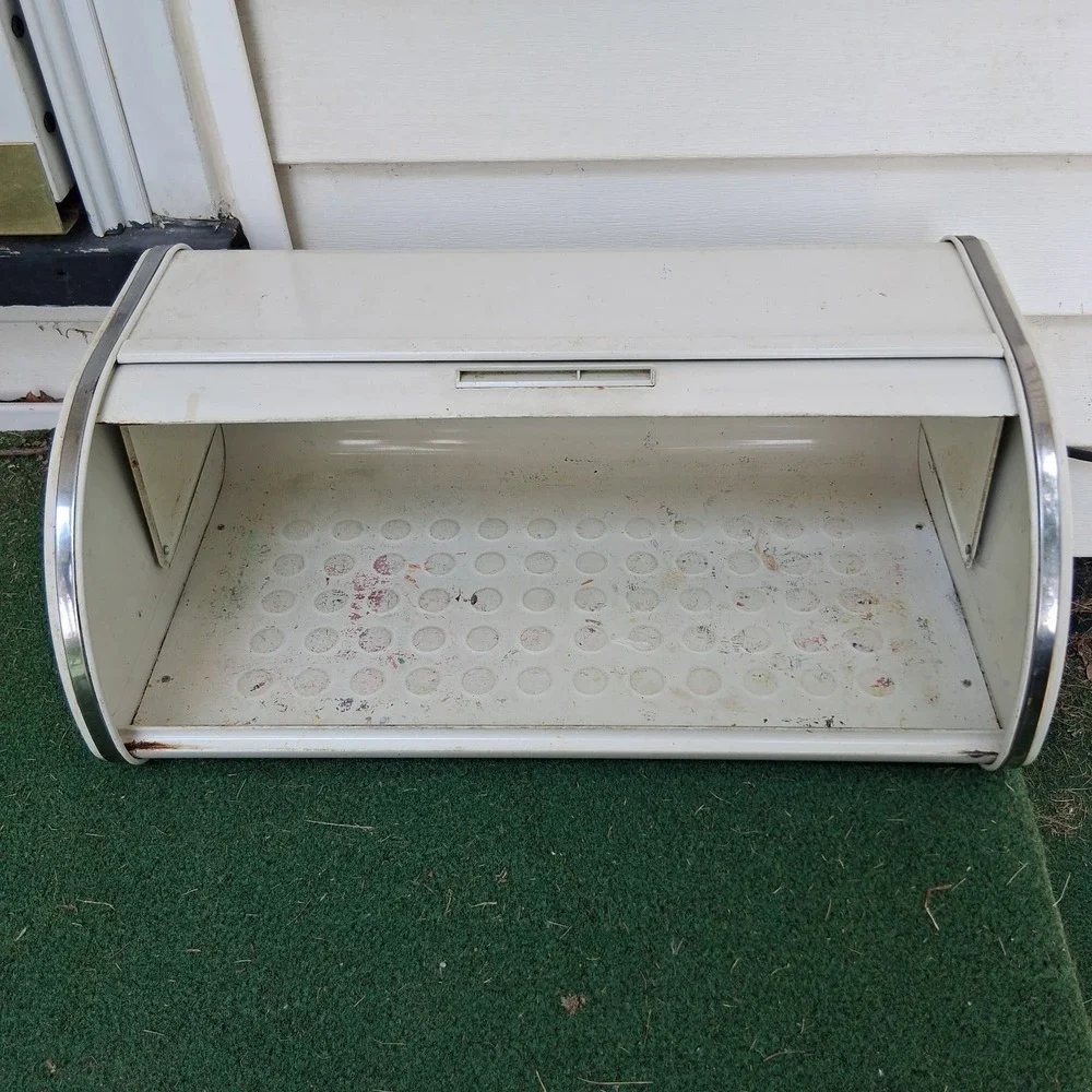 Vintage MCM Metal White Enamel Chrome Rolltop Bread Box Rockabilly Shabby